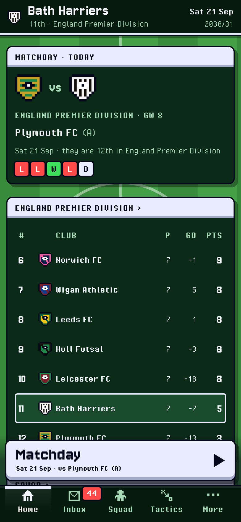 Bath Harriers' home screen on matchday: the fixture and the league table.