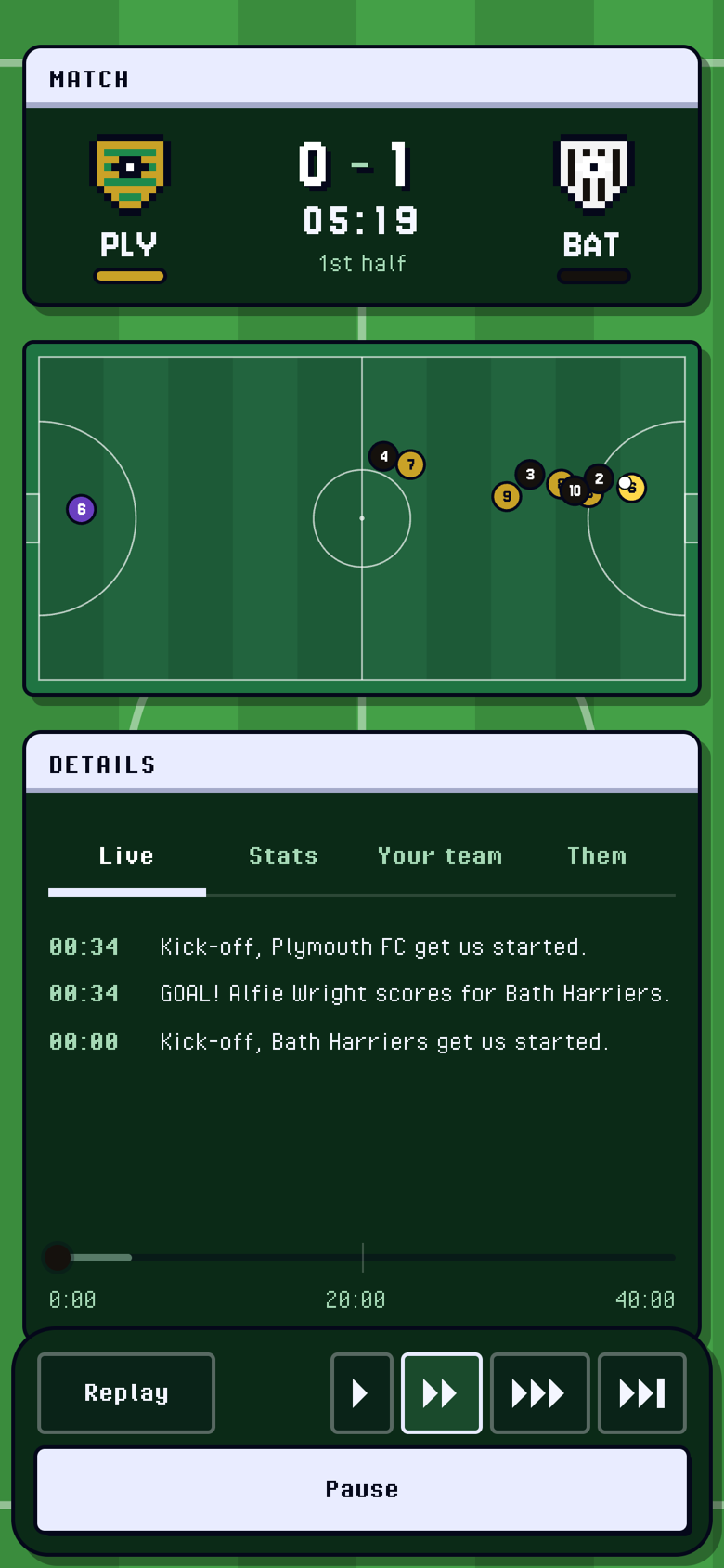 A match being played: Plymouth FC against Bath Harriers, the players on the pitch and the commentary.